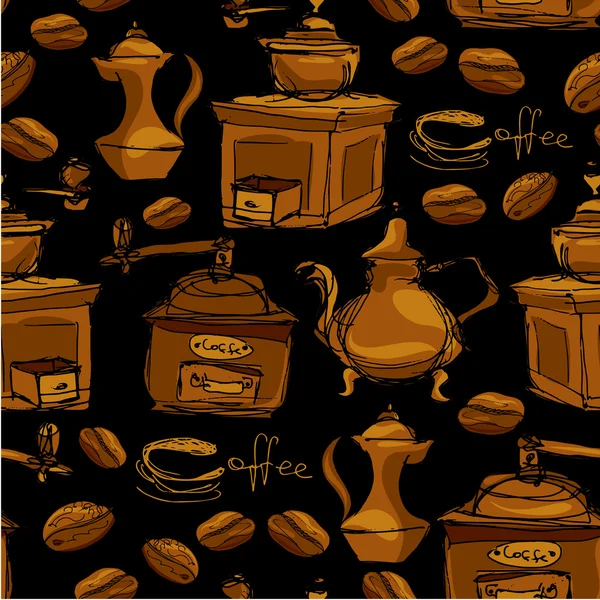 Patrón sin costura con tazas de café dibujadas a mano, frijoles, amoladora, cof — Archivo Imágenes Vectoriales