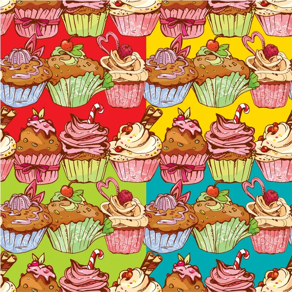Conjunto de patrones sin costuras con cupcakes dulces decorados - backgro — Archivo Imágenes Vectoriales