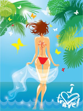 Palmiye ağacı ile tropikal plajda bikini mayo kadında bırakır