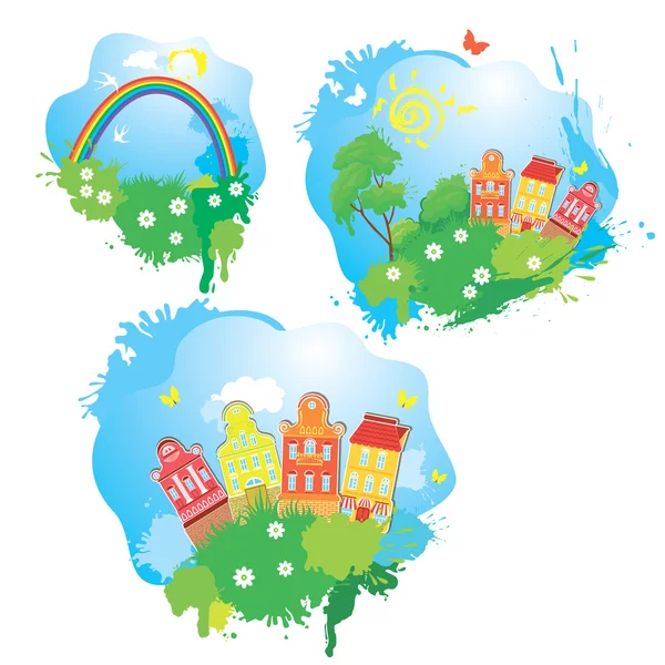 Set of Cartoons fairytale drawing images - houses, trees, rainbo — 图库矢量图片