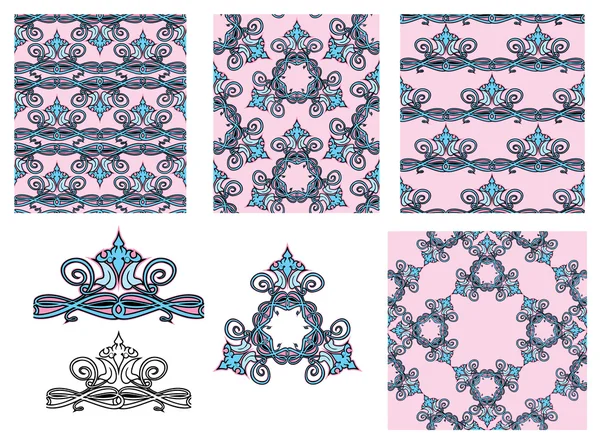 シームレスなパターンのセット-花の装飾品と要素. — ストックベクタ