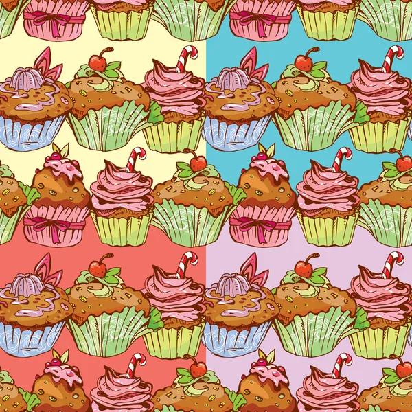 Uppsättning av sömlösa mönster med inredda söta cupcakes - backgro — Stock vektor