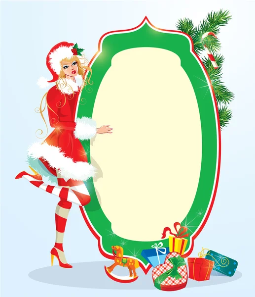 Blond xmas Chica vestida con traje de Santa Claus permaneciendo al lado del marco . — Archivo Imágenes Vectoriales