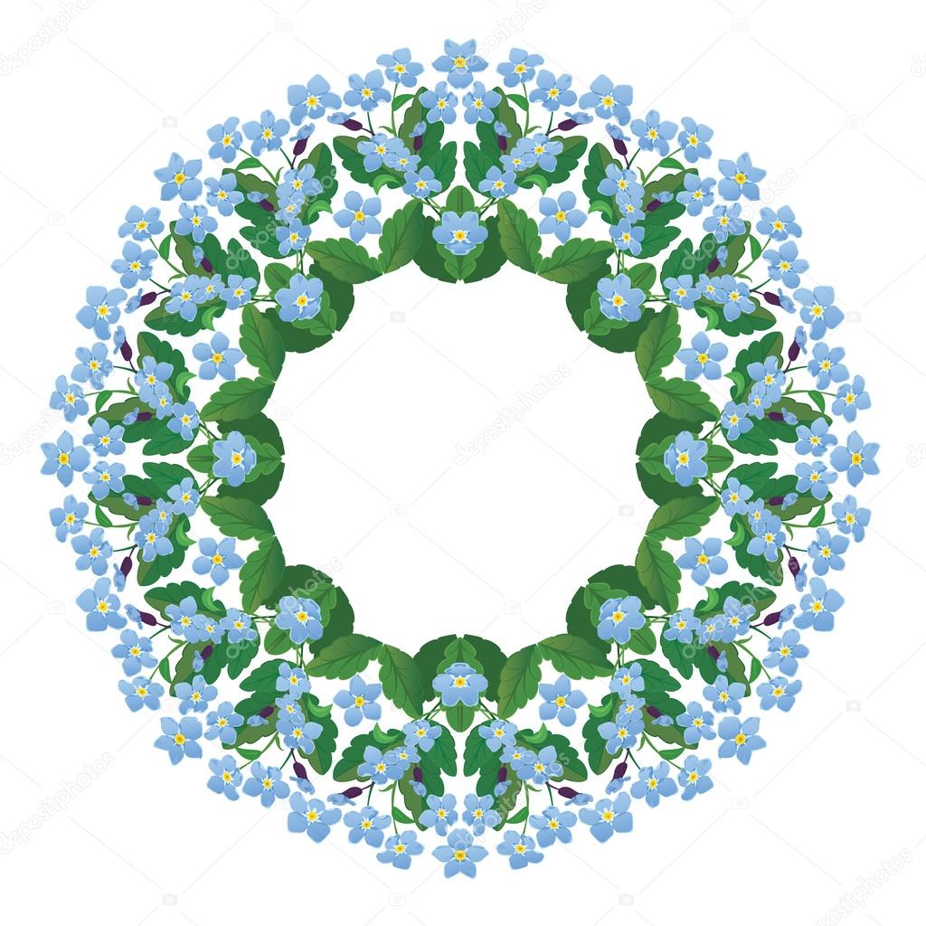 Forget me not floral round frame isolated on white background. S