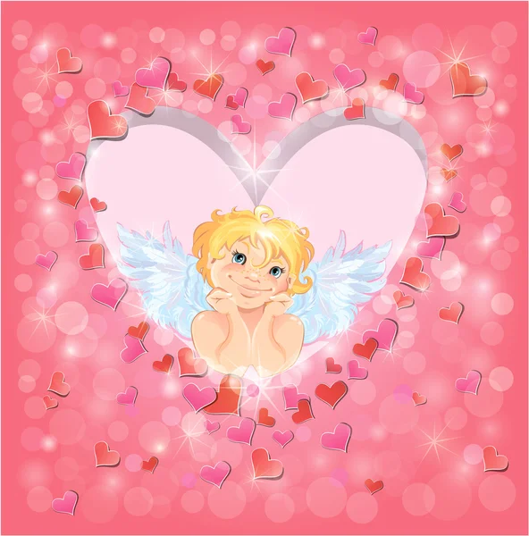 Cute angel in the heart shape frame edged of red paper hearts co — Stock Vector