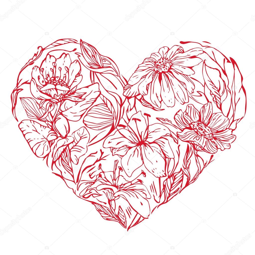Heart shape is made of hand drawn beautiful flowers, isolated on
