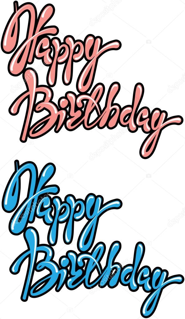 Set of 2 phrases Happy Birthday, calligraphic text in pink and b