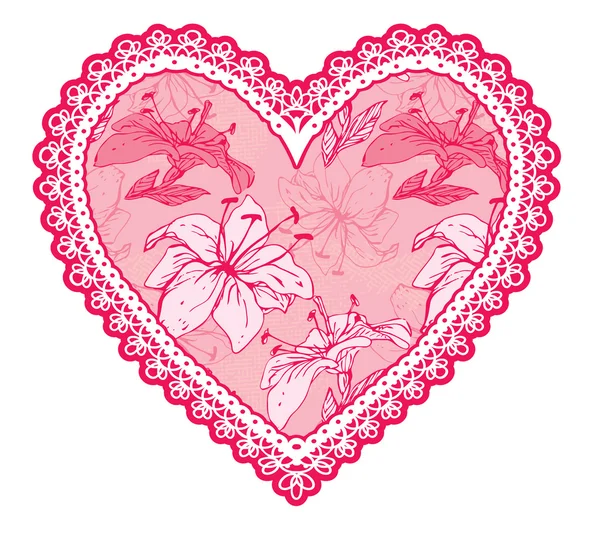 Розовое кружевное сердце с цветочным узором. Элемент дизайна для свадеб — стоковый вектор