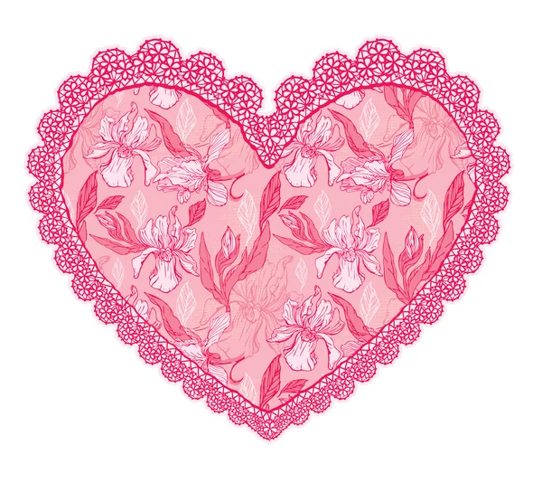 Pink fine lace heart with floral pattern. Design element for wed — Stock Vector