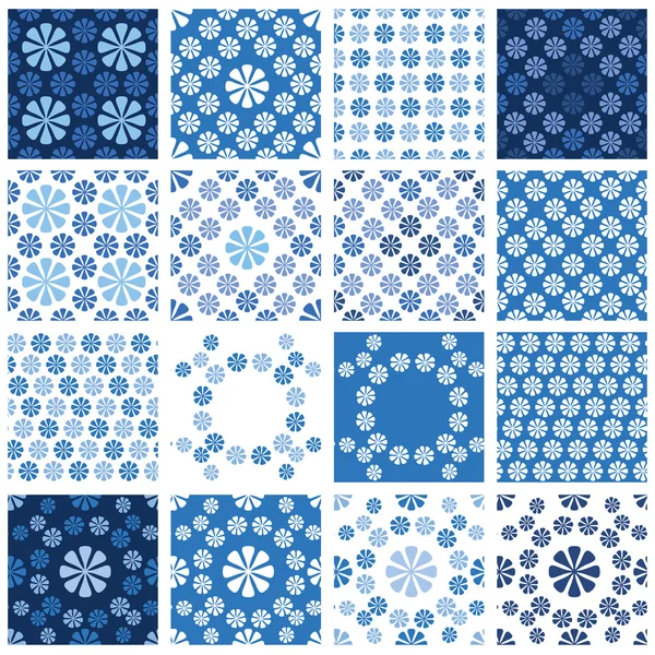 Set van naadloze patronen - blauwe bloemen ornament — Stockvector