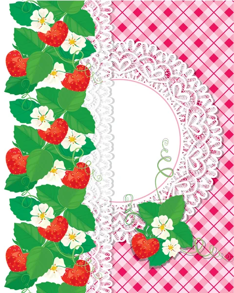 Carte avec Fraises et cadre en dentelle sur carreaux rose b — Image vectorielle