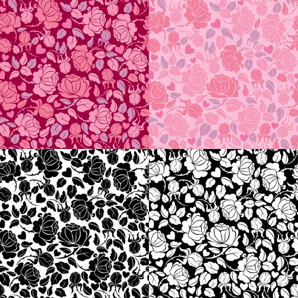 Conjunto de patrones sin costura adornados con siluetas de rosas. Col rosado Gráficos Vectoriales