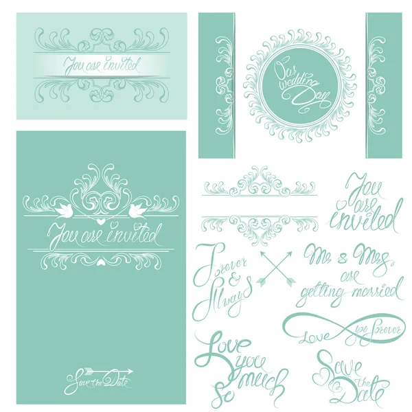 Conjunto de cartões de convite de casamento com elementos florais, caligrafia Vetores De Bancos De Imagens