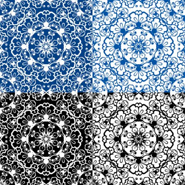 Seamless blue color and black and white floral patterns. Ornamen clipart
