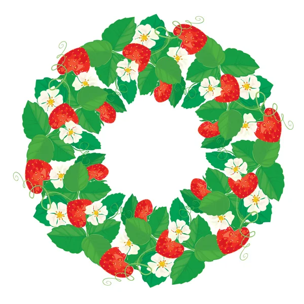 Kreis-Ornament mit Erdbeeren in Herzform mit Blumen a — Stockvektor