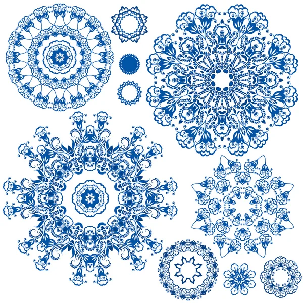 Conjunto de padrões de círculo floral azul. Antecedentes no estilo de Vetor De Stock