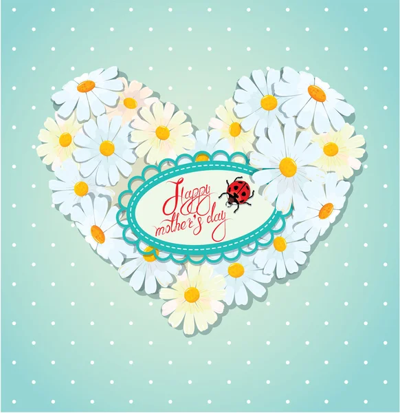 Happy Mother's Day card. Heart is made of daisies on a blue polk — Stock Vector