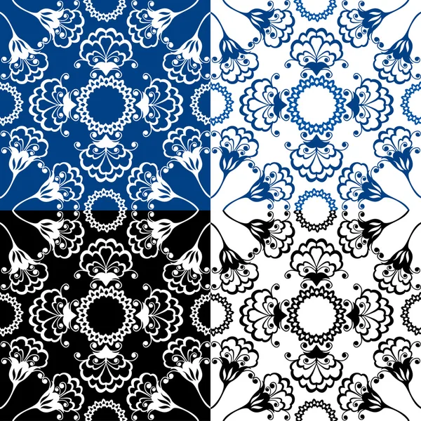 Color azul sin costuras y patrones florales en blanco y negro. Ornamen — Vector de stock