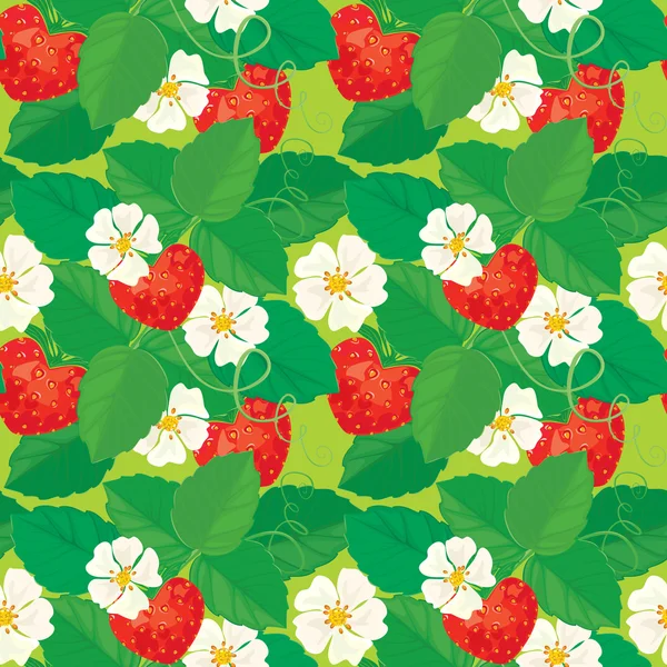 Naadloze patroon met aardbeien in hart vormen met bloemen — Stockvector