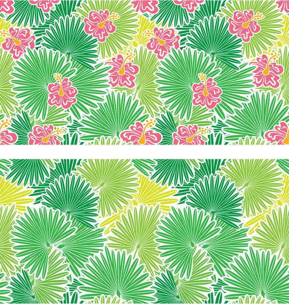 Conjunto de padrões sem costura com folhas de palmeiras e Frangipani — Vetor de Stock