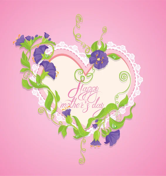 Feliz tarjeta del Día de la Madre. El corazón está hecho de encaje con flowe violeta — Archivo Imágenes Vectoriales