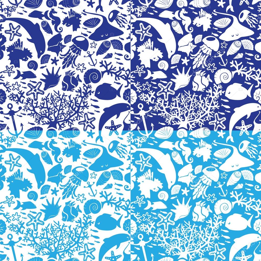 Set of seamless nautical patterns in blue colors with sea horses