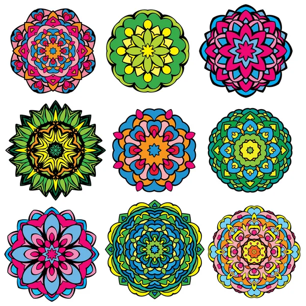 Set of 9 colorful round ornaments, kaleidoscope floral patterns. — Stock Vector