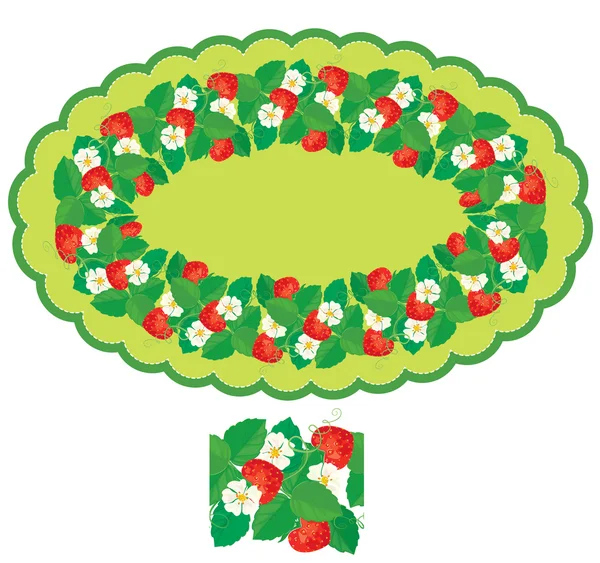 Cadre ovale aux fraises, fleurs et feuilles isolées sur blanc — Image vectorielle