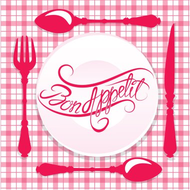 Bon appetit! Calligraphic text on plate with fork, knife and spo