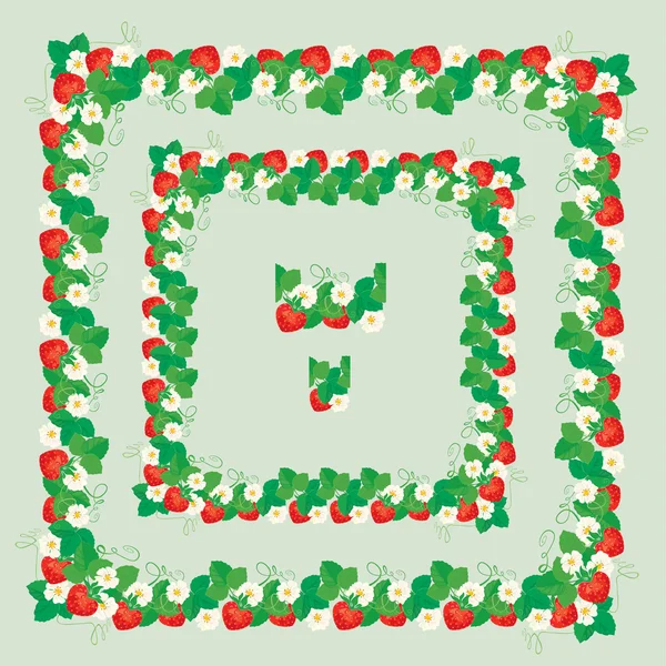 Quadratische Rahmen mit Erdbeeren, Blüten und Blättern — Stockvektor