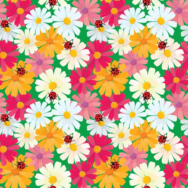 Seamless pattern with chamomile flowers and ladybirds, summer ba — Stock vektor