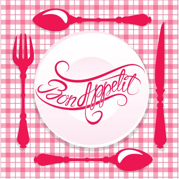 Bon appetit! Calligraphic text on plate with fork, knife and spo ロイヤリティフリーのストックイラスト