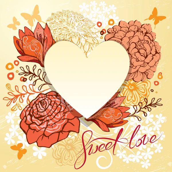 Retro background or greeting card with heart and flowers. Beauti — ストックベクタ