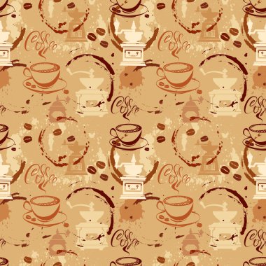Seamless pattern with coffee cups, beans, grinder, coffee stain,
