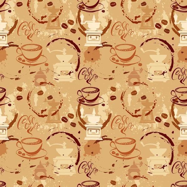 Seamless pattern with coffee cups, beans, grinder, coffee stain, — Stock Vector