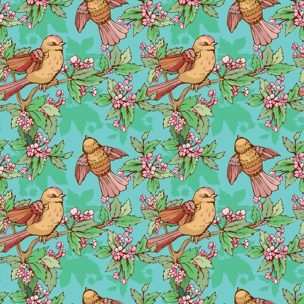 Nahtloses Muster mit bunten Vögeln und blühenden Sommerblumen — Stockvektor