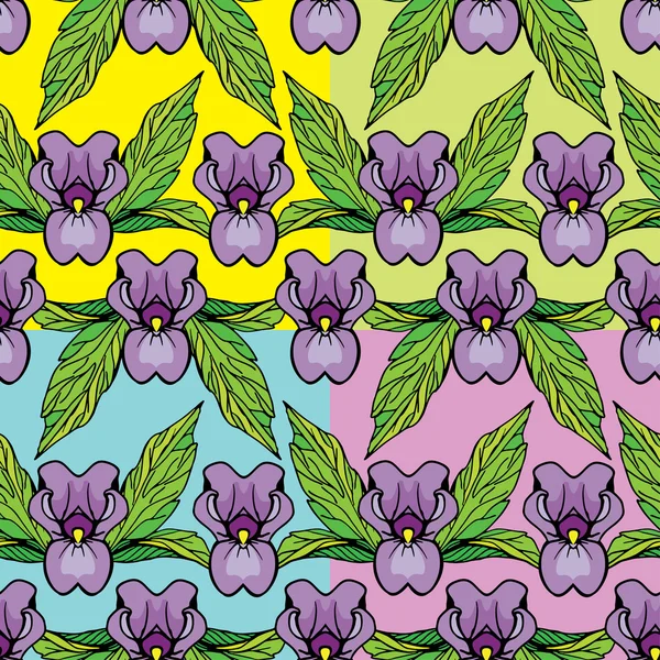 花の装飾 - 菖蒲の花とシームレスな配色パターンのセット. — ストックベクタ