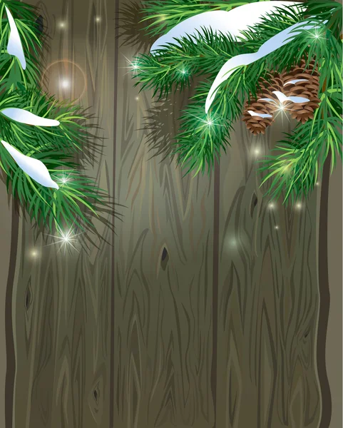 Noel köknar ile eski ahşap arka plan ağaç dalları ve kar. — Stok Vektör