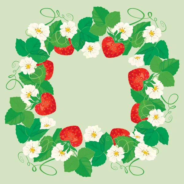 Ronde frame met aardbeien, bloemen en bladeren geïsoleerd op gr — Stockvector