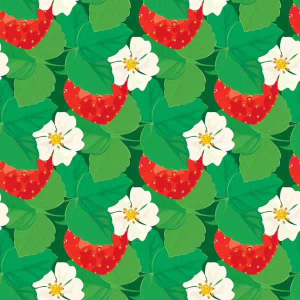 Seamless pattern with Strawberries with flowers and leaves. — Stock Vector