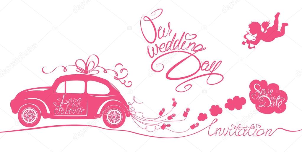 Funny pink wedding card with retro car dragging cans, angel and 