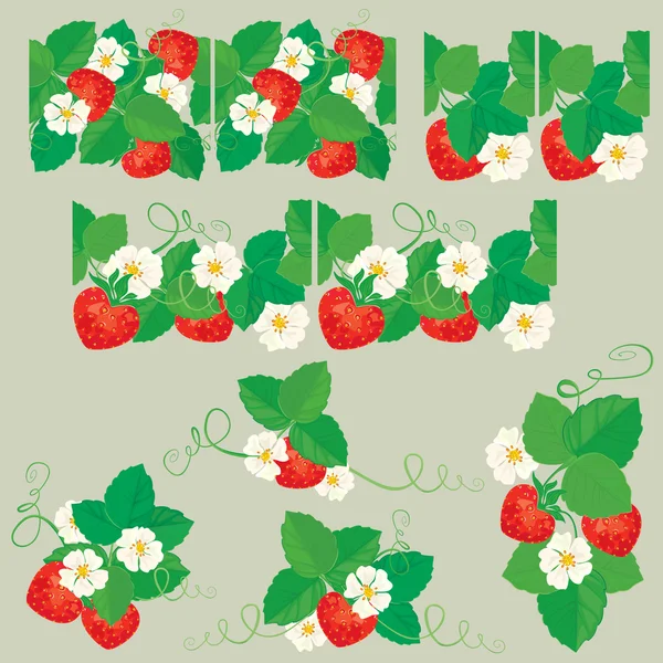 Linje prydnad med jordgubbar i hjärtat former med blommor och — Stock vektor