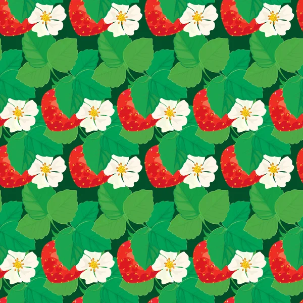 Naadloos patroon met aardbeien met bloemen en bladeren. — Stockvector