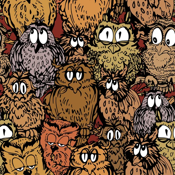 Seamless pattern with cute owls on branch. Hand drawn background