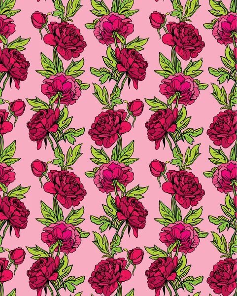 Modèle sans couture avec des fleurs graphiques réalistes - pivoine - main d — Image vectorielle