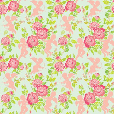 Sevimli melekler ve pembe güller çiçek ile tatil Seamless Modeli