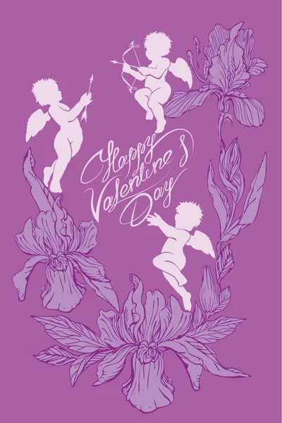 Carte de vacances avec des anges mignons et des fleurs d'orchidée sur le dos violet — Image vectorielle