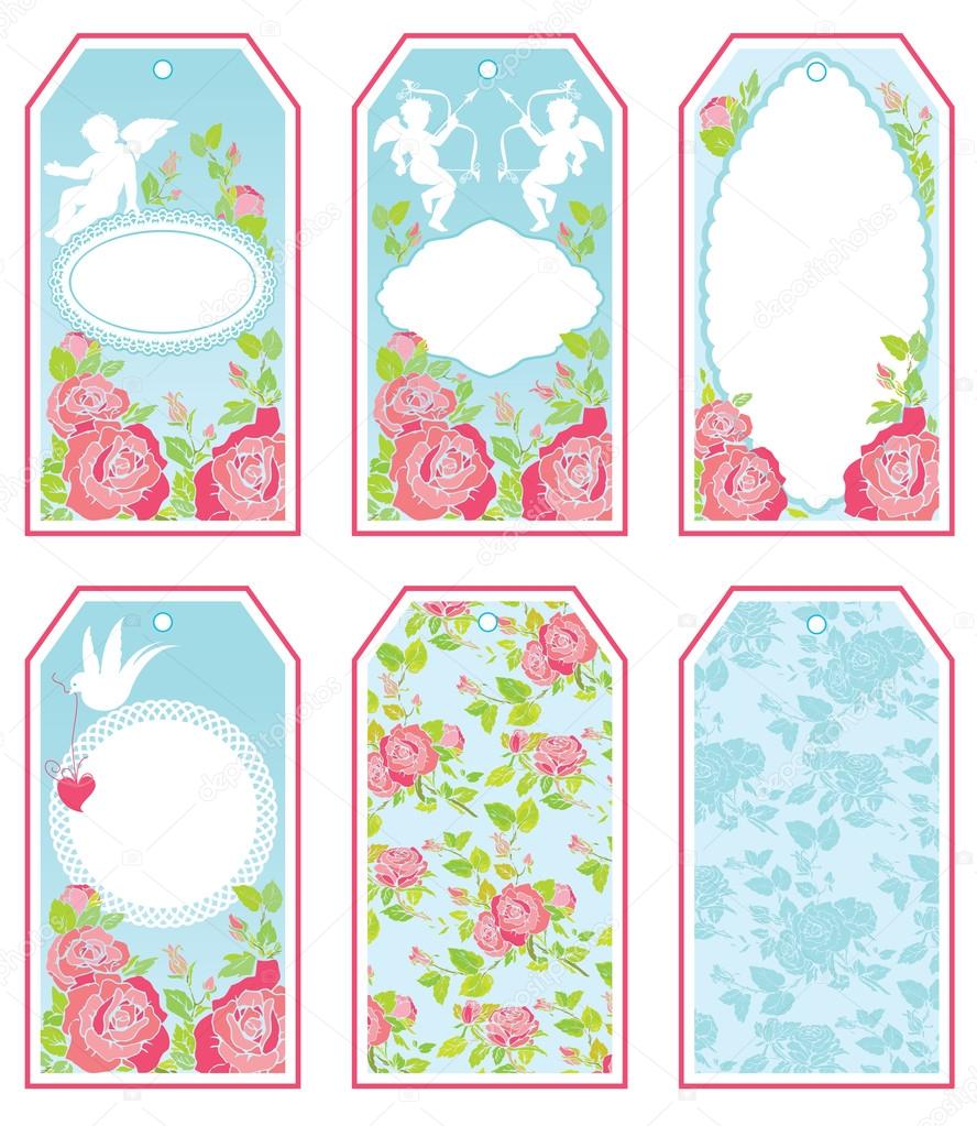 Set of holiday banners and labels in pink and blue colors with w