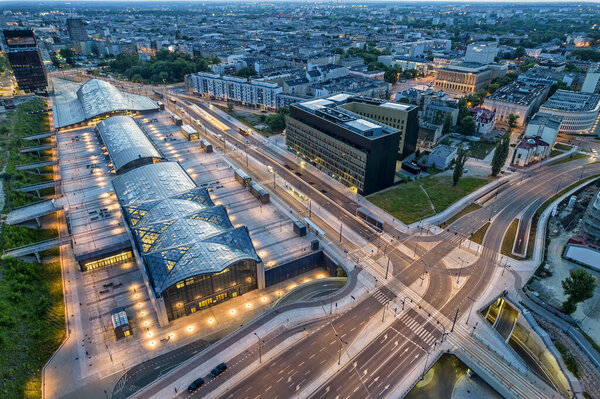 Lodz Fabryczna Railway Station. View of the night city of Lodz.