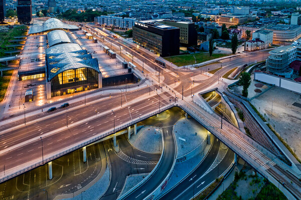 Lodz Fabryczna Railway Station. View of the night city of Lodz.